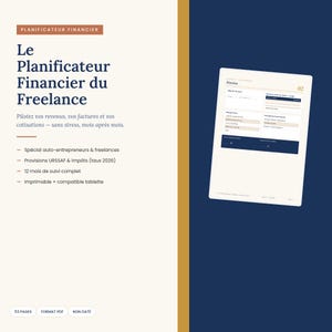May include: A digital financial planner for freelancers featuring a cream and dark blue layout. The text reads Le Planificateur Financier du Freelance, with sections for monthly income, expenses, and taxes. It includes 53 pages in PDF format.
