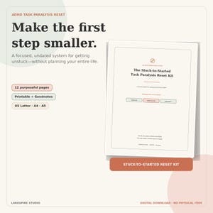 May include: A digital ADHD task paralysis reset kit featuring a printable document with 12 pages. The text reads: Make the first step smaller, The Stuck-to-Started Task Paralysis Reset Kit, and US Letter, A4, A5. The design uses cream, sage, and terracotta colours.