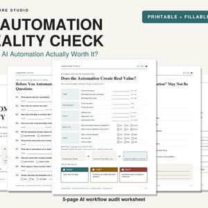 Könnte beinhalten: Ein 5-seitiges KI-Workflow-Audit-Arbeitsblatt mit dem Titel AI Automation Reality Check. Das druckbare und ausfüllbare PDF enthält Abschnitte zur Bewertung des Automatisierungswerts, monatliche Berechnungen und Entscheidungsfelder für Keep, Test und Skip.