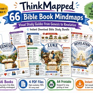 May include: A digital study guide titled ThinkMapped 66 Bible Book Mindmaps featuring visual summaries for Genesis, Luke, and Revelation. The layout includes colourful illustrations, text sections for author, purpose, key themes, and major events.