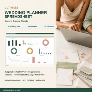 May include: A digital wedding planner spreadsheet for Excel and Google Sheets featuring a dashboard with bar charts, pie charts, and line graphs. The text reads Ultimate Wedding Planner Spreadsheet, 30 planning tabs, 8 live charts, 10 currencies.