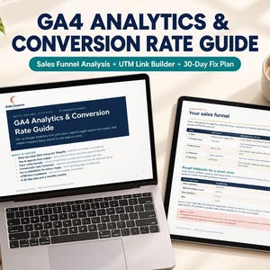 May include: A laptop and a tablet displaying a GA4 Analytics & Conversion Rate Guide. The screen content includes text about sales funnel analysis, UTM link builders, and a 30-day fix plan, with tables detailing e-commerce metrics.