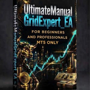 May include: A book titled UltimateManual GridExpert_EA for beginners and professionals MT5 only. The cover features a golden bull, a rising cyan stock market trend line, a gold coin with a dollar sign, and stacks of US dollar bills against a dark city.