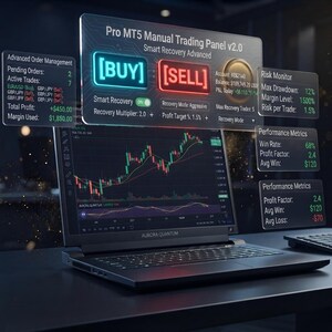 Peut inclure: Un ordinateur portable noir Aurora Quantum affichant un graphique de trading financier avec des panneaux numériques flottants intitulés Pro MT5 Manual Trading Panel v2.0, incluant des boutons Buy et Sell, des statistiques de risque et des mesures de performance.