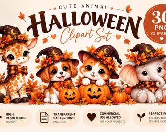 Puede incluir: Una colección digital de 30 imágenes prediseñadas de animales con temática de Halloween que incluye una jirafa, un cachorro, un gatito y un elefante con sombreros de bruja y pajaritas, rodeados de calabazas y hojas de otoño.