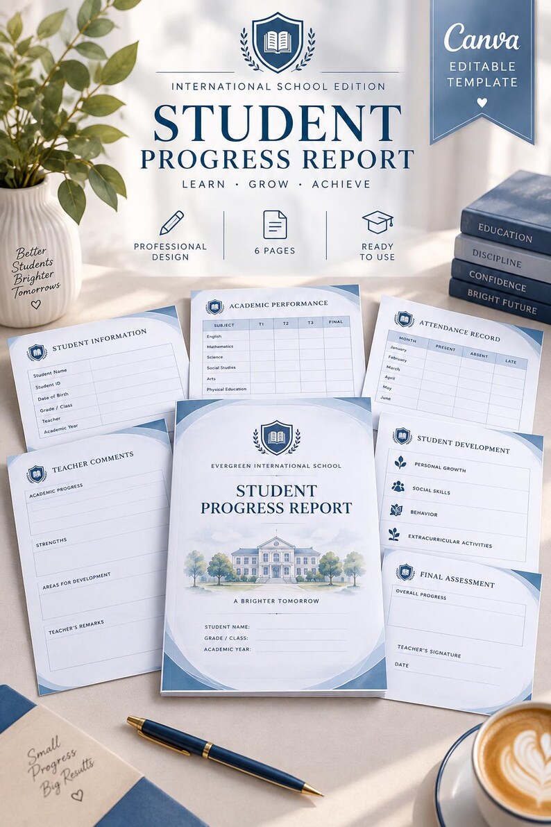 Puede incluir: Una plantilla editable de informe de progreso estudiantil en azul y blanco con una ilustraci&oacute;n de un edificio escolar. El conjunto incluye varias p&aacute;ginas para el rendimiento acad&eacute;mico, asistencia, comentarios del profesor y desarrollo del estudiante.