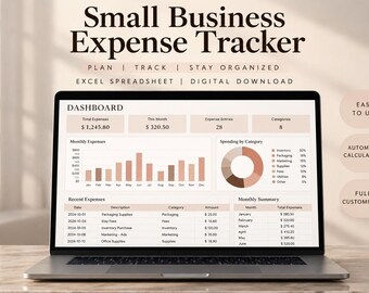 Puede incluir: Una pantalla de ordenador portátil que muestra un panel de control de seguimiento de gastos para pequeñas empresas con un gráfico de barras, un gráfico circular de gastos por categoría y una tabla de gastos recientes. Incluye etiquetas de texto.