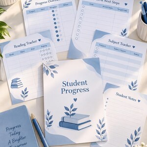Puede incluir: Un conjunto de p&aacute;ginas de planificador estudiantil en tonos azul y blanco, con una portada Student Progress, Progress Overview, Goals & Next Steps, Reading Tracker, Subject Tracker y Student Notes. Incluye un cuaderno azul y un bol&iacute;grafo.