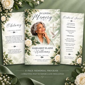 May include: An 8-page memorial program featuring a portrait of an older woman with gray hair, surrounded by white roses and green foliage. The design includes a cross, a white dove, and text reading In Loving Memory, Margaret Elaine Williams, and Order of Service.