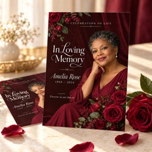 May include: A funeral program card featuring a portrait of a person in a dark red dress, with the text "Celebration of Life," "In Loving Memory," "Amelia Rose," "1960 - 2024," and "Forever in our hearts," decorated with deep red roses.