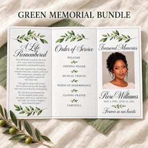 Green Botanical Funeral Memorial Bundle | 7 Editable Canva Templates (Digital Download)