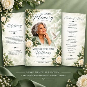 Op de afbeelding: Een driepaginalang herdenkingsprogramma met een portret van een vrouw, witte rozen en een duif. De tekst bevat In Loving Memory, Margaret Elaine Williams, 3 apr. 1952 - 11 feb. 2026, Obituary, A Beautiful Journey en Order of Service.