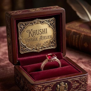 May include: A gold ring with a rectangular red gemstone sits inside a dark brown wooden box lined with deep red velvet. The box lid features a gold plaque with the text Khushi Vintage Atelier and a small crown icon engraved on it.