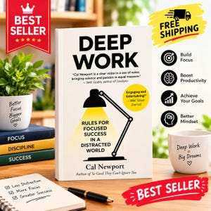 May include: A book titled Deep Work by Cal Newport with a white cover featuring a black desk lamp illustration. The book is surrounded by a white mug with text, a notebook with a pen, and a stack of three books labeled Focus, Discipline, and Success.