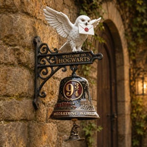 Puede incluir: Una campana decorativa de pared con un búho nival blanco que sostiene una carta en el pico. El soporte de metal negro muestra el texto Welcome to Hogwarts. La campana presenta el número 9 3/4, un tren y el texto Wizarding World.