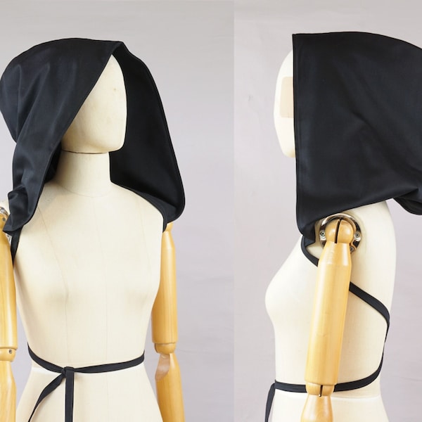 Capuche victorienne XXL avec ruban, grande capuche noire, organique, surdimensionnée, design, capuche lutin