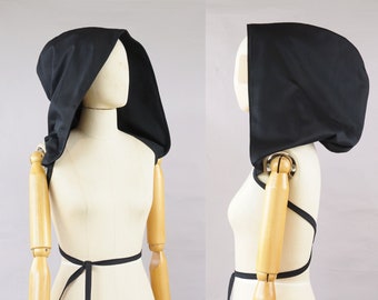 Victorian XXL hood with ribbon, Black big hood, organic, oversized,  design, pixie hood