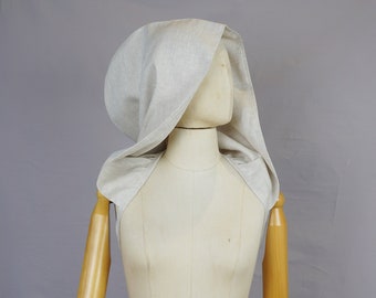 Beige victorian XXL hood with ribbon, big hood, linen sun protector, oversized,  design, pixie hood, Larp, festival, dance performance