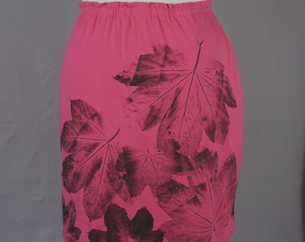 OOAK upcycled skirt, size XL,  nature print, pink leave , upcycle, botanical, Leaves tee, eco printed, one of a kind, hippie, boho