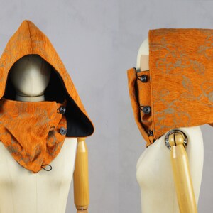 Orange hooded cowl, Victoriaanse XXL hood, black scoodie, floral hooded scarf, upcycled, organic cotton, larp, oversized hood