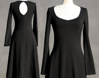Schwarzes Bio Kleid, Größe S, Schlüsselloch, lange Trompetenärmel, knielang, umweltfreundliche Frau, lässiges Kleid, Solmode