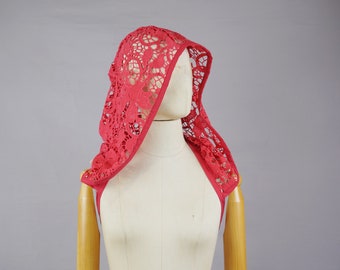 Lace XXL hood with ribbon, victorian oversized hooded,  big soft red hood, gothic, scarf,  pixie, hood strings, larp costume, renaissance