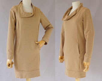 Braunes Baumwoll Sweater Kleid: XS Wasserfallausschnitt, Handgefertigte Taschen