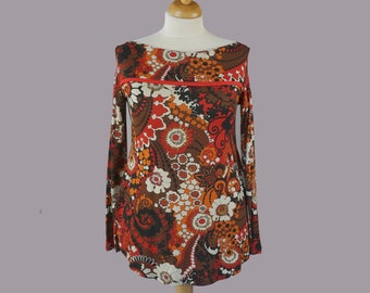Retro Floral Jersey Tunic Top - Long Sleeve Boat Neck - Size L