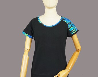 Organic shirt, Black & blue , short sleeved, relax, easy fit, Organic cotton jersey,  cap sleeved, eco friendly woman, Casual, color block,