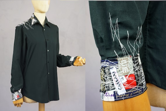 Black men's blouse, " Label me ", size M, OOAK men, dress shirt, artsy, statement top, upcycled cotton