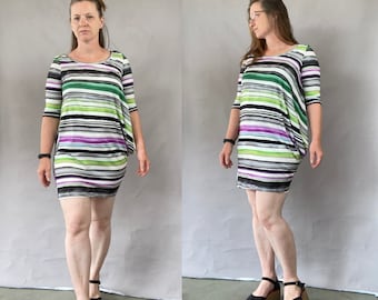 A-symetrical drape dress, Size S, quirky unique top, striped short dress, one of a kind woman, sleeves, alternative fashion,