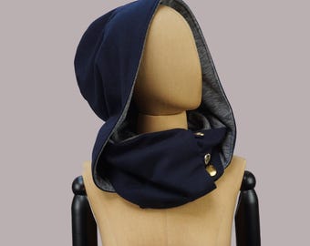 Navy blue hooded cowl, Victorian XL hood, hood with scarf, eco friendly, larp, snood