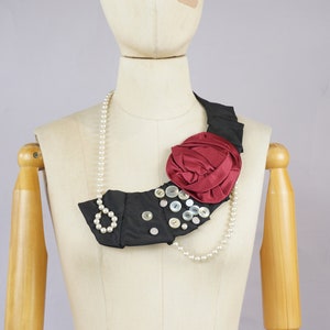 Silk fabric necklace, Necktie, black& red flower collar, eco friendly woman, bib, art,  recycled, fabric, upcycled neckties, men ties