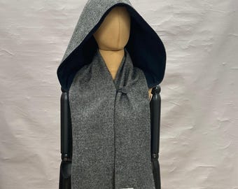 Black hooded scarf, herringbone, Oversized hooded  cowl, XL hood, Futuristic,  dystopian, goth, hooded scarf, organic cotton, unisex, eco