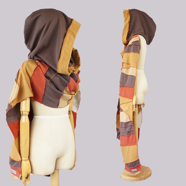 Écharpe à capuche surdimensionnée marron, châle victorien XXL, OOAK, effet vieilli unique, upcycle, coton biologique, grande capuche, sweat à capuche, châle patchwork