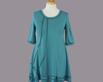 Artistic a-symmetrical long top, Teal blue tunic, Size M/L, OOAK, patchwork, recycled woman, hippie, boho, lagenlook, Organic, inside out