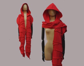 Red oversized festival hood, Dystopian, hooded scarf, XL victorian shawl cape, OOAK, cosplay, organic cotton, large hood, hoodie, wanderer