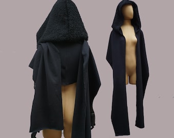 dystopischer Kapuzenschal, schwarze viktorianische XXL Hood, Scoodie, wollig, Bio Baumwolle, Cape, Gothic, Larp