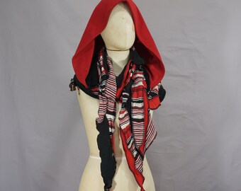 Upcycled hooded shawl, Red and black, organic Oversized hoody scarf, OOAK, unique, large hood, jersey hoodie, patchwork, wanderer, hippie
