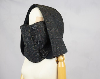 Big black oversized hood, Black patterned  Hooded cowl, Victorian XXL hood, scoodie, hooded scarf, upcycle and organic cotton, fairytale