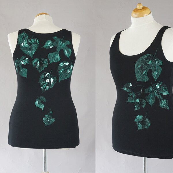 Nature print tanktop, size M-L,  black with green , upcycle woman's singlet, botanical, Leaves shirt, eco printed, ooak, hippie boho, leave