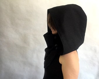 Black hooded cowl, Black cotton, Victorian XXL hood, hoodie, hooded scarf, eco friendly, fairytale, organic cotton larp