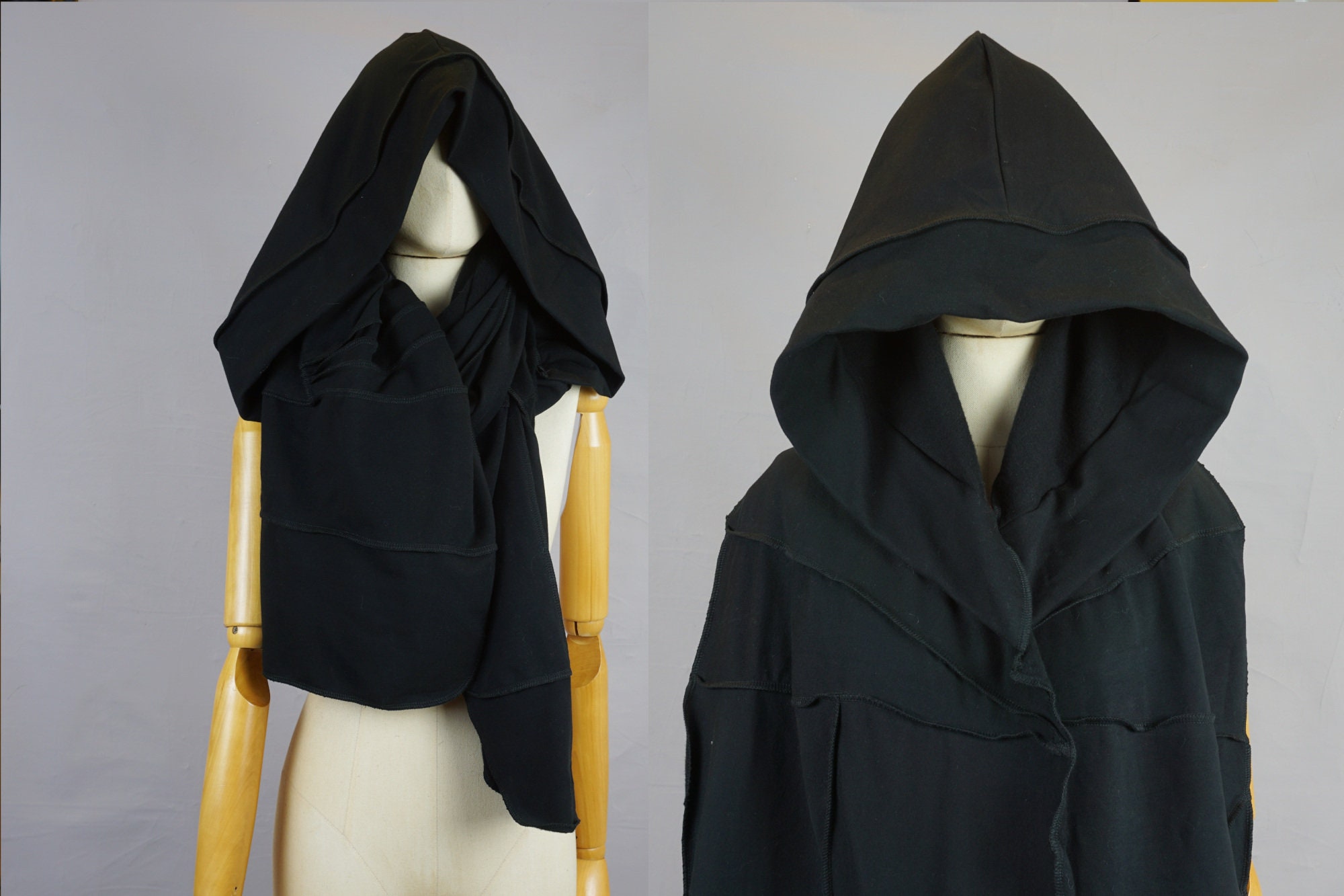 Black distressed large hooded scarf, XL Oversized shawl, OOAK, unique, organic cotton, large hood, hoodie, patchwork, wanderer Black distressed large hooded scarf, XL Oversized shawl, OOAK, unique, organic cotton, large hood, hoodie, patchwork, wanderer