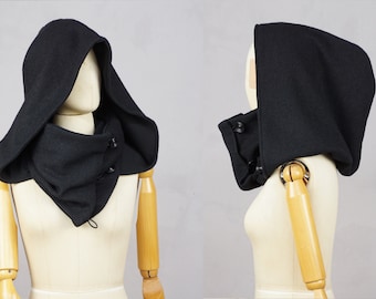 Black Hooded cowl, Victorian XXL hood, scoodie, hooded scarf, wool, organic cotton, fairytale, Solmode