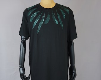 Feder T-Shirt, Größe XL, Herrenhemd Natur, unisex, botanisch, Hand bedruckt, Unikat, grün, Bio-Baumwolle, schwarzes T-Shirt, Federn