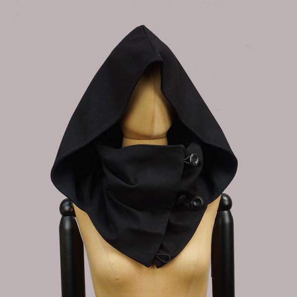 Black XL hooded cowl hood, snood, hooded scarf, fairytale, organic cotton, larp