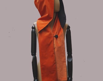 Oversized Kapuzenschal, Orange mit schwarzem Samt, dystopischer Goth Style