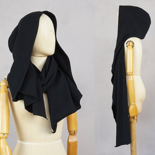 Black Nomad hooded scarf, oversized XL shawl, organic cotton, large hood, jersey hoodie, wanderer, post apocalyptic, organic cotton