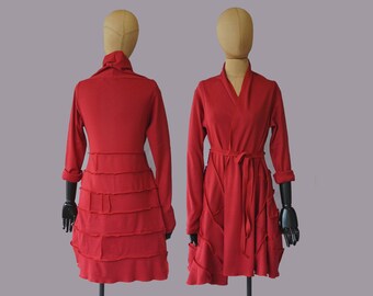 Rote Bio-Baumwolle Patchwork-Strickjacke: L/XL Asymmetrischer Pullover-Mantel