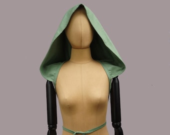 Hood with ribbon, vintage soft green, Large hoodie, oversized, hooded scarf, pixie hood, Larp, festival, fairytale, linen, XXL, cosplay